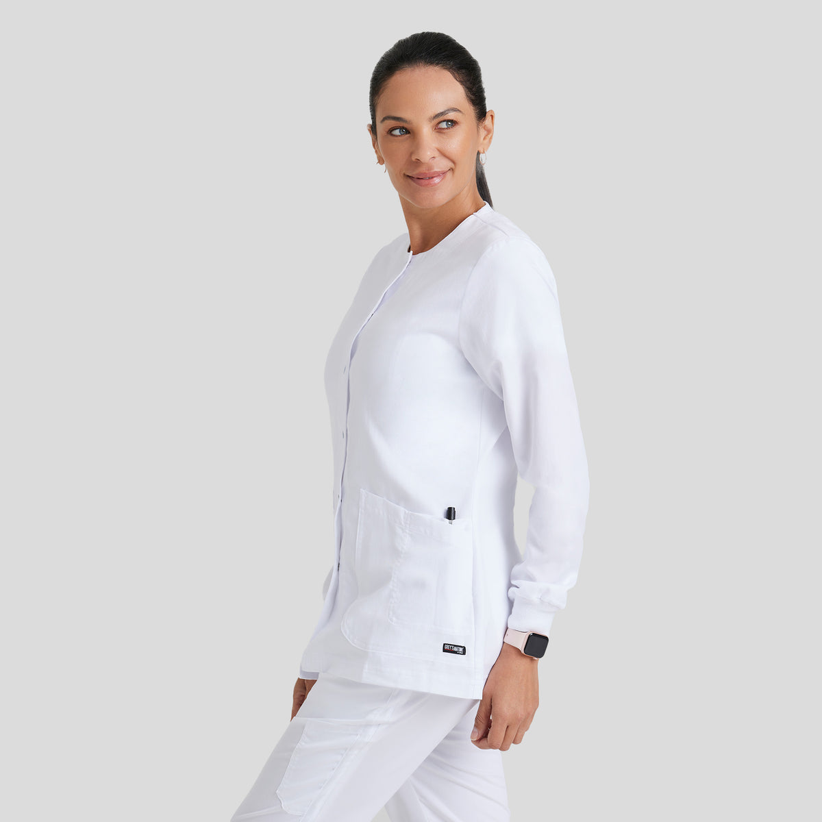 Jamie 4-Pocket Crewneck Snap-Front Scrub Jacket | White