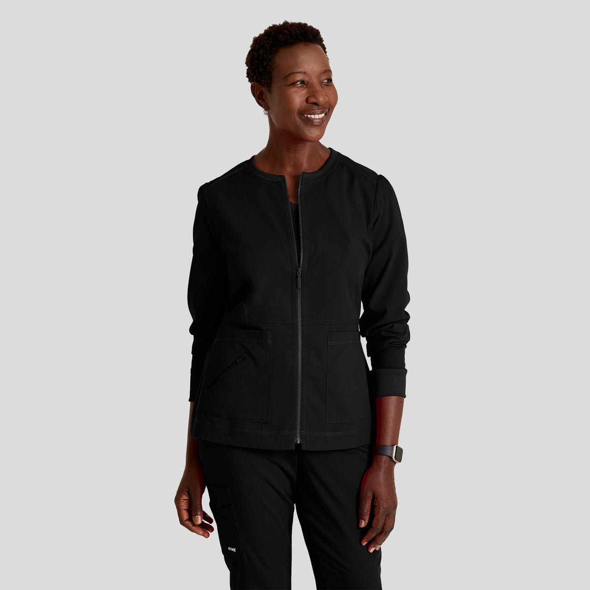 Millie 3-Pocket Crewneck Scrub Jacket | Black