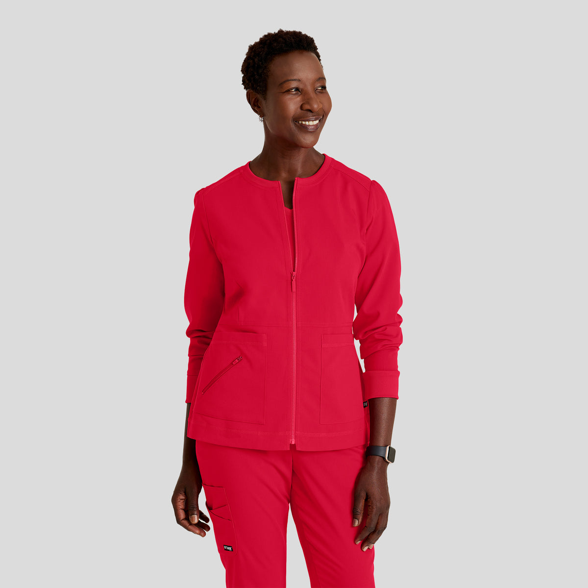 Millie 3-Pocket Crewneck Scrub Jacket | Red