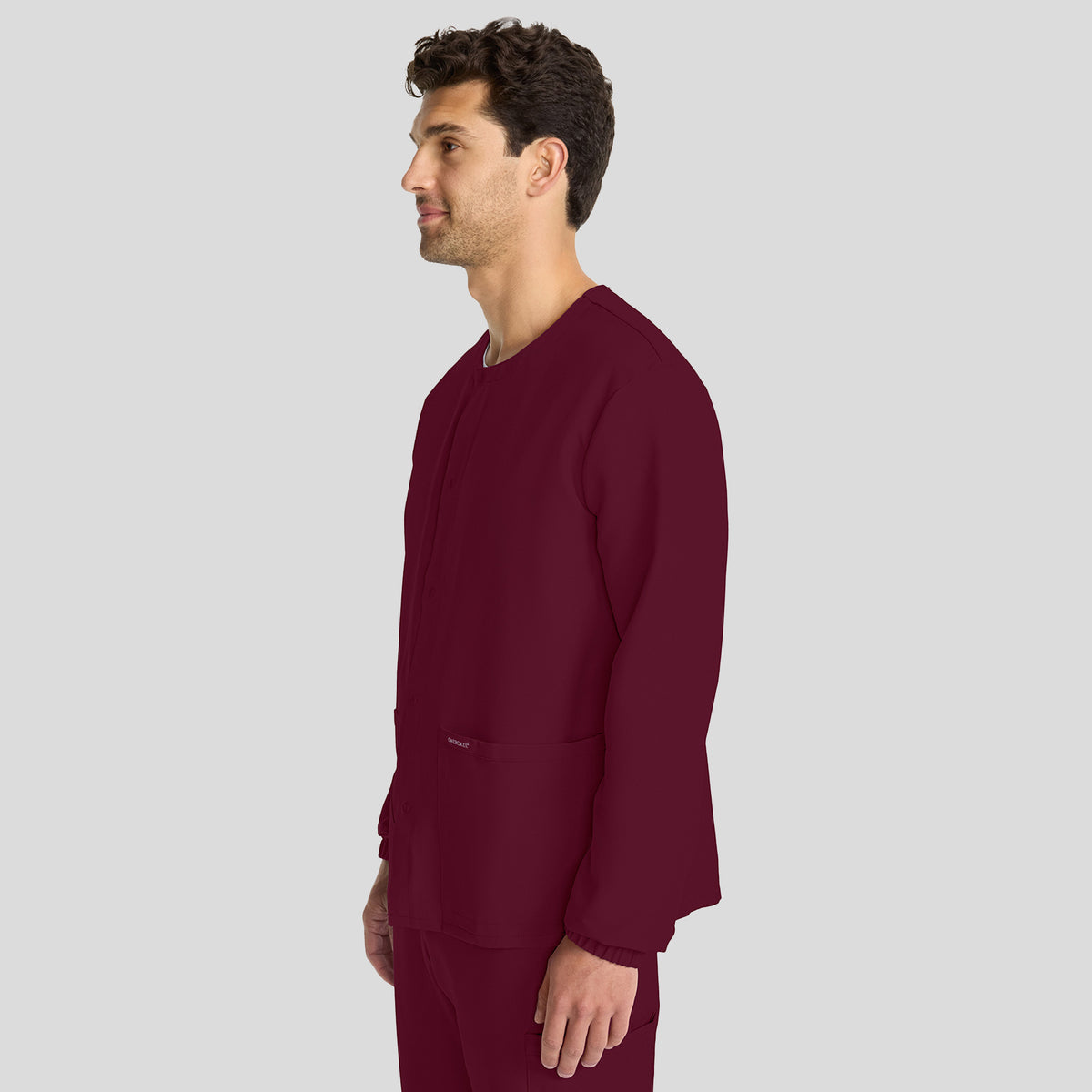Unisex Snap-Front Crew Neck Scrub Jacket | Wine