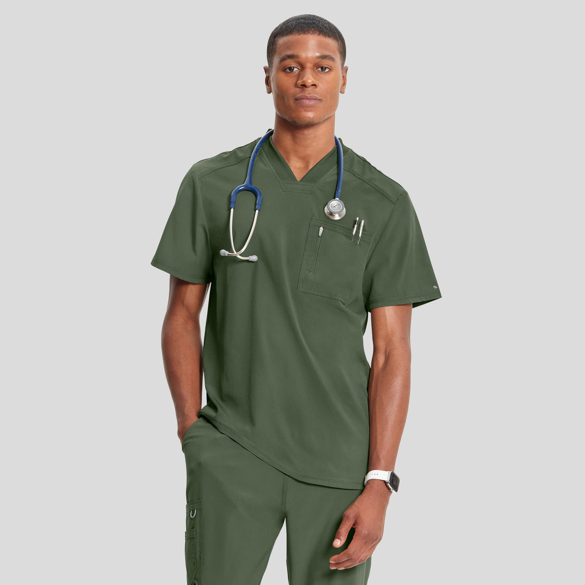 Men's V-Neck Knit Panel Solid Scrub Top | Olive