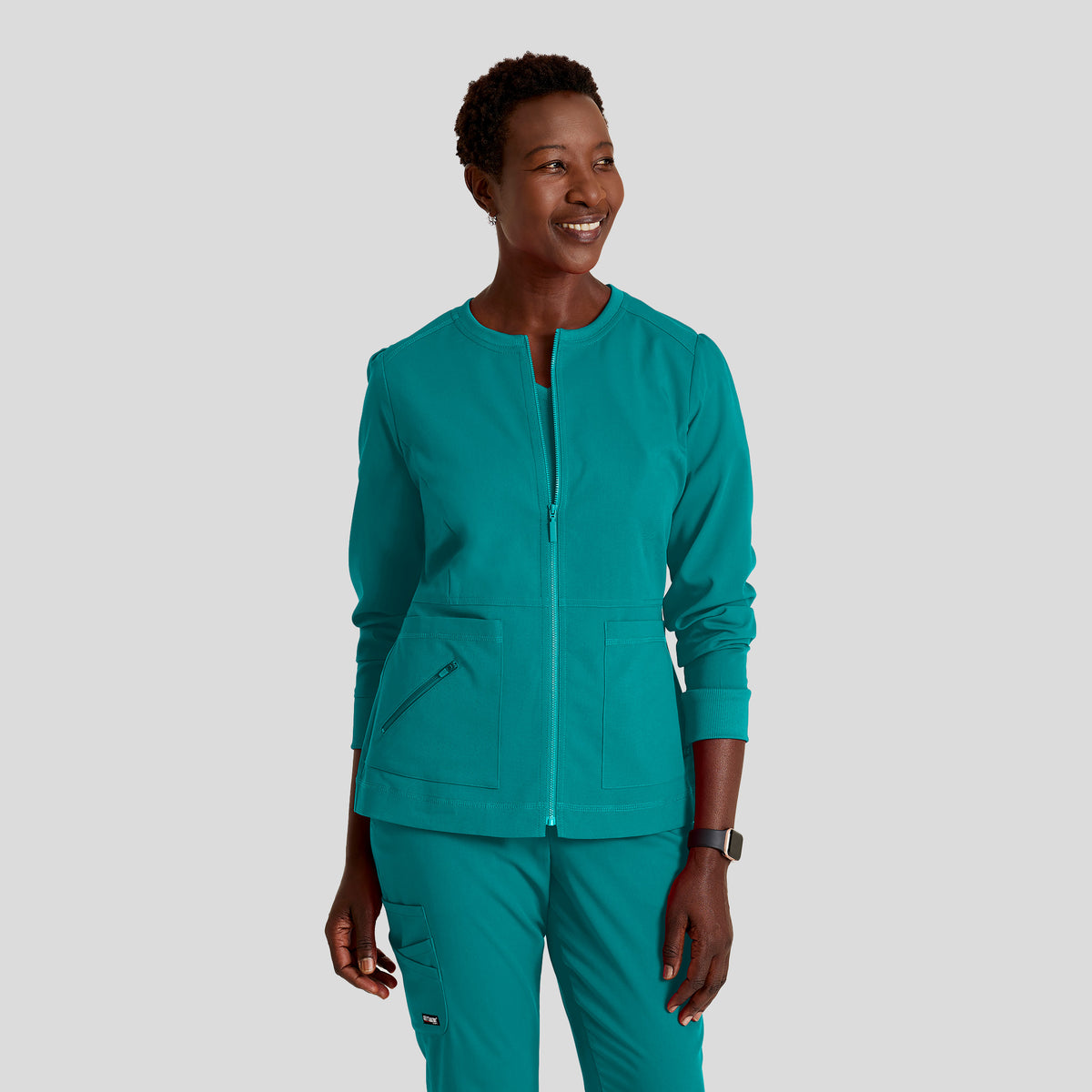 Millie 3-Pocket Crewneck Scrub Jacket | Teal