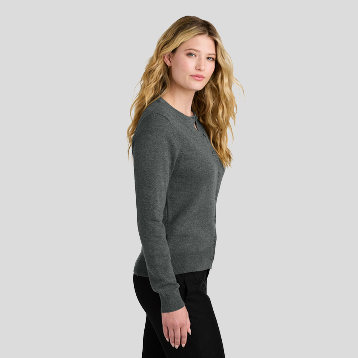 Women’s Easy Care Crewneck Cardigan Sweater | Charcoal Heather